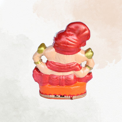 14 Inch – Traditional Seated Ganesha Idol in Red Attire with Red Pagdi | Eco-Friendly Shadu Mitti Murti Holding Shivling