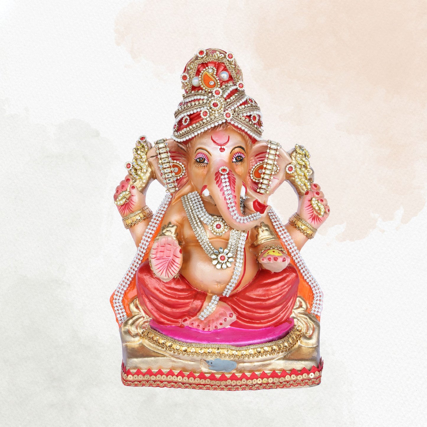 13 Inch – Regal Red Ganesha Idol | Embellished Crown & Jewelry | Eco-Friendly Shadu Mitti Murti