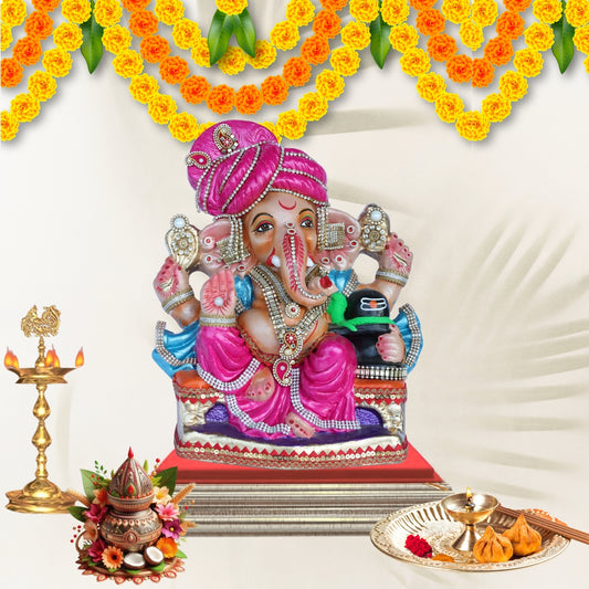 14 Inch – Vibrant Pink Attired Ganesha Idol | Shadu Mitti Clay Murti with Bright Pink Pagdi & Shivling Element | Eco-Friendly & Visarjan-Friendly