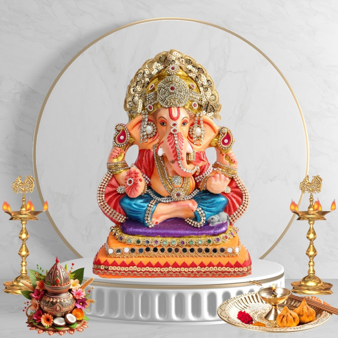 11 Inch – Majestic Seated Ganesha Idol in Blue Dhoti & Red Shawl | Shadu Mitti Eco-Friendly Clay Murti with Grand Gold Crown & Purple Elevated Pedestal Base