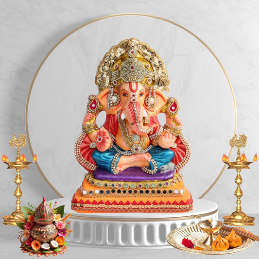 11 Inch – Majestic Seated Ganesha Idol in Blue Dhoti & Red Shawl | Shadu Mitti Eco-Friendly Clay Murti with Grand Gold Crown & Purple Elevated Pedestal Base