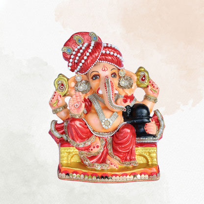 14 Inch – Traditional Seated Ganesha Idol in Red Attire with Red Pagdi | Eco-Friendly Shadu Mitti Murti Holding Shivling