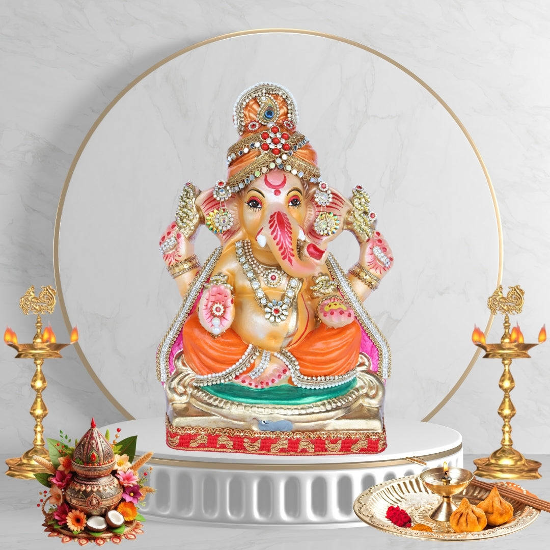 13 Inch – Traditional Orange & Green Ganesha Idol | Eco-Friendly Clay | Stone-Studded Crown & Ornaments