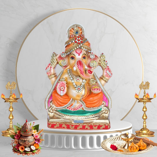 13 Inch – Traditional Orange & Green Ganesha Idol | Eco-Friendly Clay | Stone-Studded Crown & Ornaments