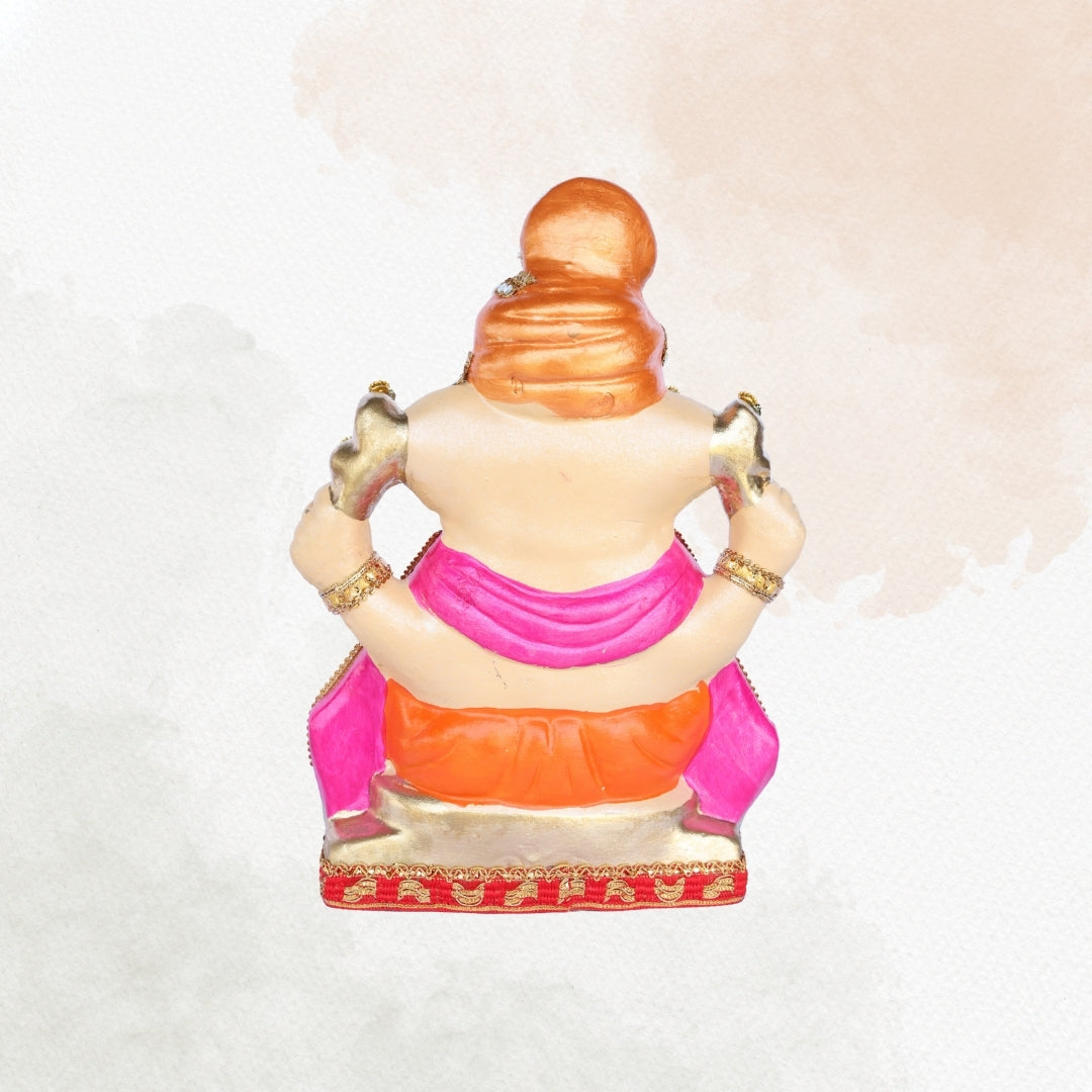13 Inch – Traditional Orange & Green Ganesha Idol | Eco-Friendly Clay | Stone-Studded Crown & Ornaments