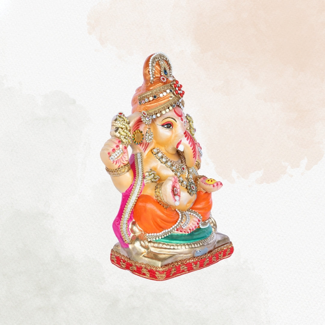 13 Inch – Traditional Orange & Green Ganesha Idol | Eco-Friendly Clay | Stone-Studded Crown & Ornaments