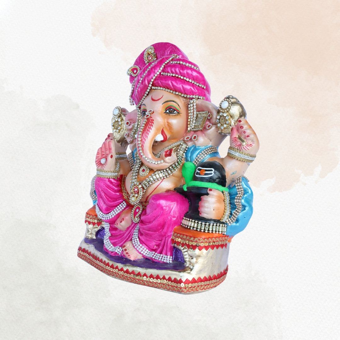 14 Inch – Vibrant Pink Attired Ganesha Idol | Shadu Mitti Clay Murti with Bright Pink Pagdi & Shivling Element | Eco-Friendly & Visarjan-Friendly