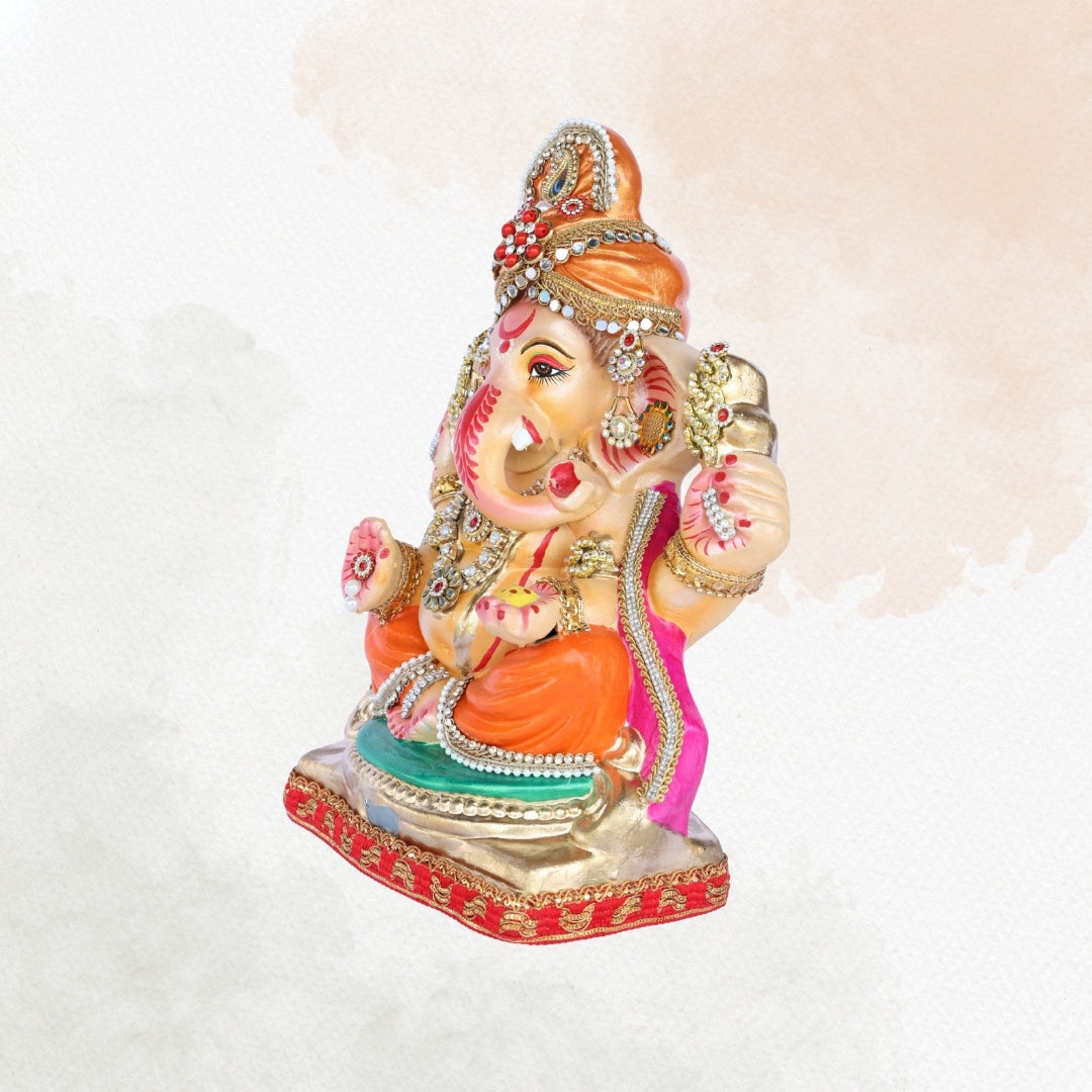 13 Inch – Traditional Orange & Green Ganesha Idol | Eco-Friendly Clay | Stone-Studded Crown & Ornaments