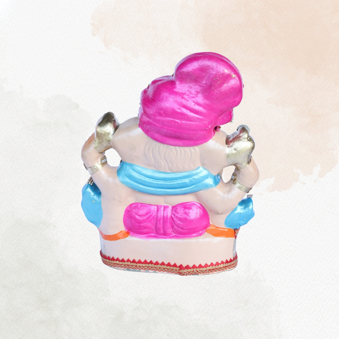 14 Inch – Vibrant Pink Attired Ganesha Idol | Shadu Mitti Clay Murti with Bright Pink Pagdi & Shivling Element | Eco-Friendly & Visarjan-Friendly