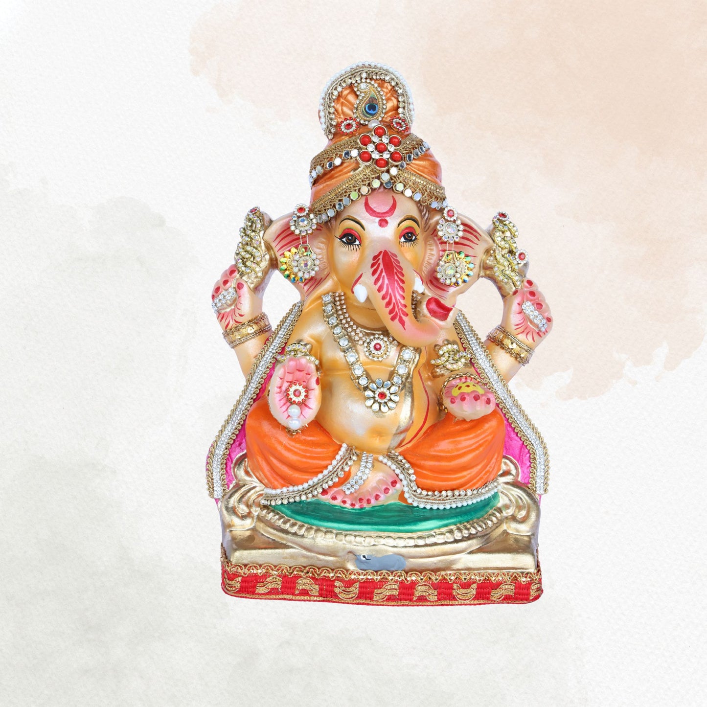 13 Inch – Traditional Orange & Green Ganesha Idol | Eco-Friendly Clay | Stone-Studded Crown & Ornaments