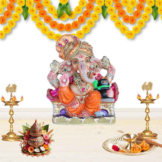14 Inch – Divine Ganesha Idol in Orange Attire | Shadu Mitti Clay Murti with Gold Pagdi & Shivling | Eco-Friendly & Visarjan-Friendly