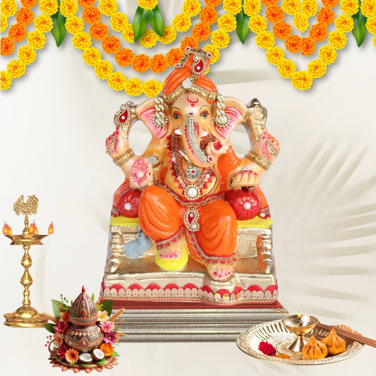 13 Inch – Regal Seated Ganesha Idol in Orange Attire – Shadu Mitti Clay Murti with Red Pagdi & Stone Work