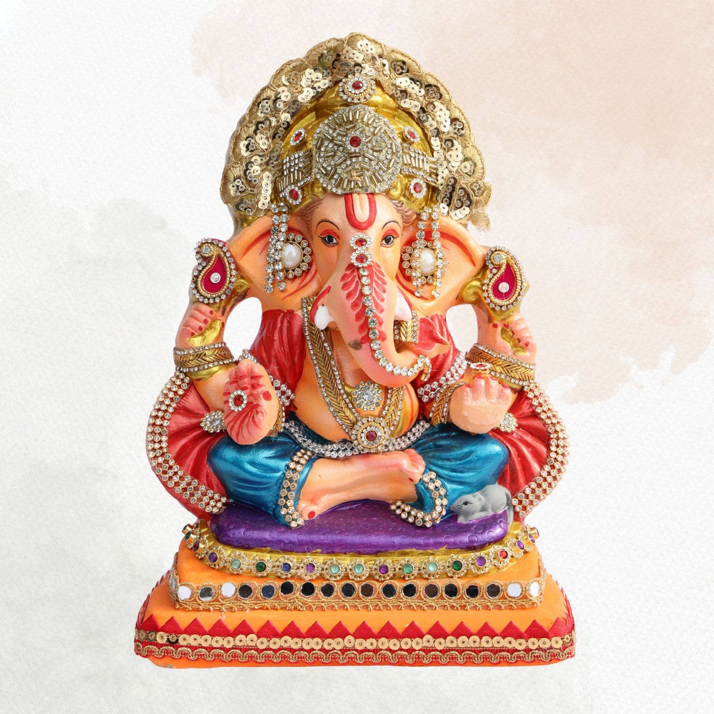 11 Inch – Majestic Seated Ganesha Idol in Blue Dhoti & Red Shawl | Shadu Mitti Eco-Friendly Clay Murti with Grand Gold Crown & Purple Elevated Pedestal Base