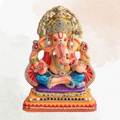 11 Inch – Majestic Seated Ganesha Idol in Blue Dhoti & Red Shawl | Shadu Mitti Eco-Friendly Clay Murti with Grand Gold Crown & Purple Elevated Pedestal Base