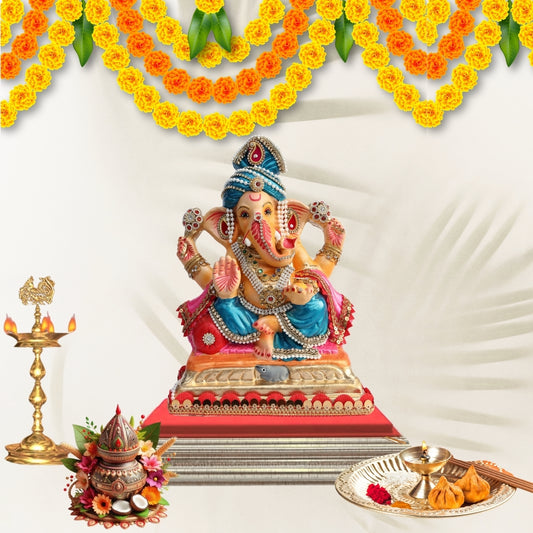 11 Inch – Elegant Seated Ganesha Idol in Blue Dhoti & Pink Shawl | Shadu Mitti Eco-Friendly Murti with Pearl-Adorned Crown & Rich Decorative Finish