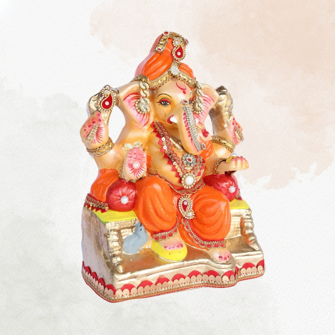 13 Inch – Regal Seated Ganesha Idol in Orange Attire – Shadu Mitti Clay Murti with Red Pagdi & Stone Work
