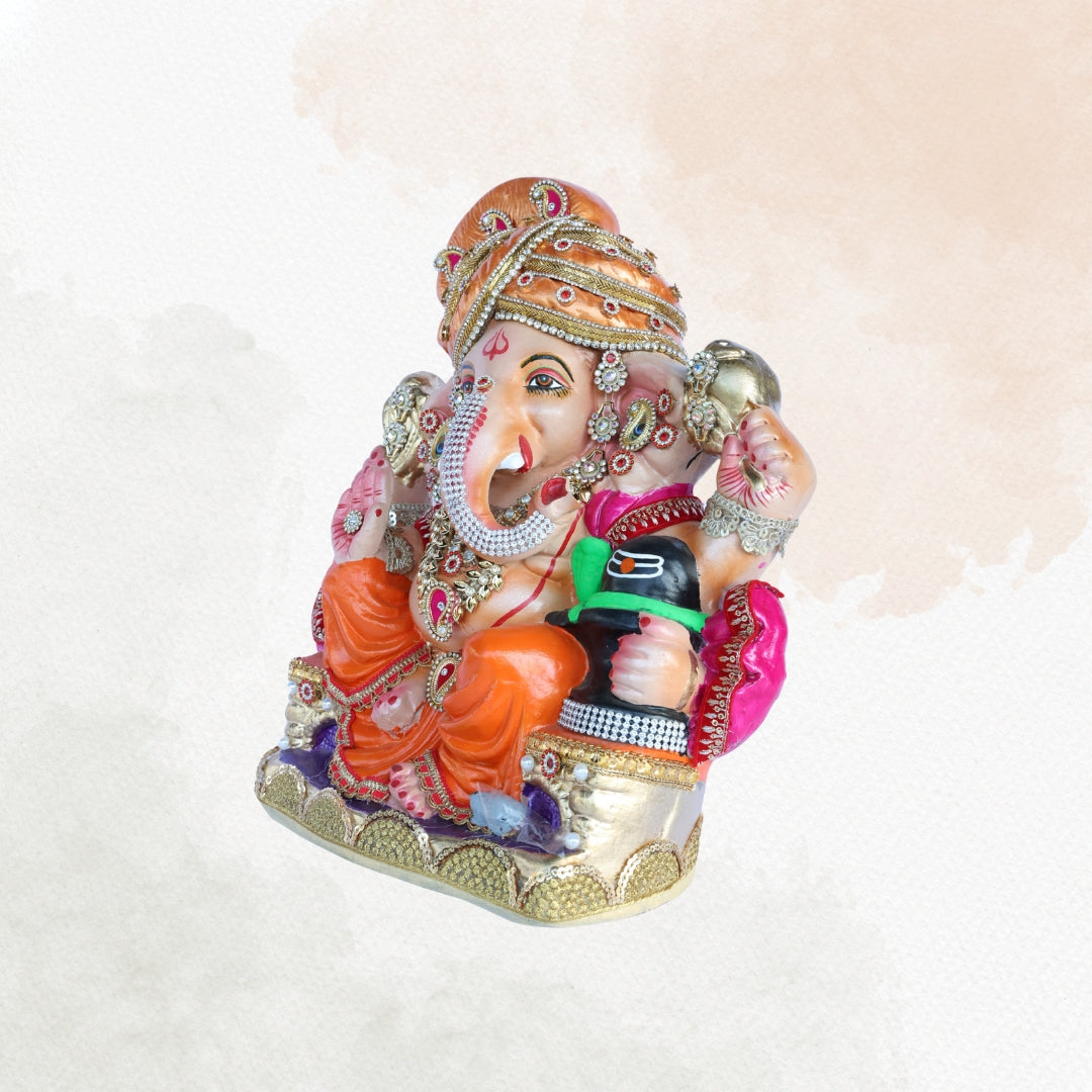 14 Inch – Divine Ganesha Idol in Orange Attire | Shadu Mitti Clay Murti with Gold Pagdi & Shivling | Eco-Friendly & Visarjan-Friendly