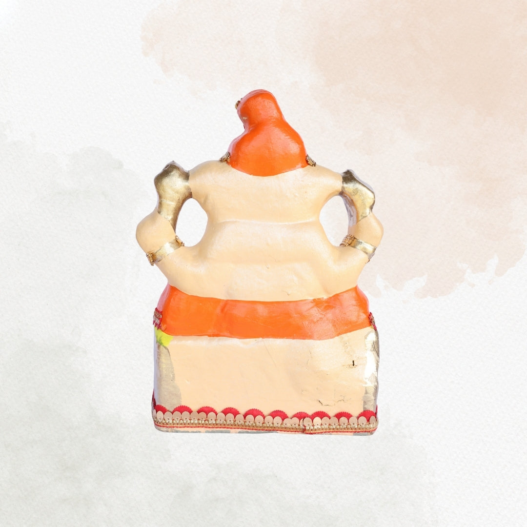 13 Inch – Regal Seated Ganesha Idol in Orange Attire – Shadu Mitti Clay Murti with Red Pagdi & Stone Work