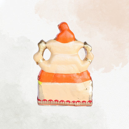13 Inch – Regal Seated Ganesha Idol in Orange Attire – Shadu Mitti Clay Murti with Red Pagdi & Stone Work