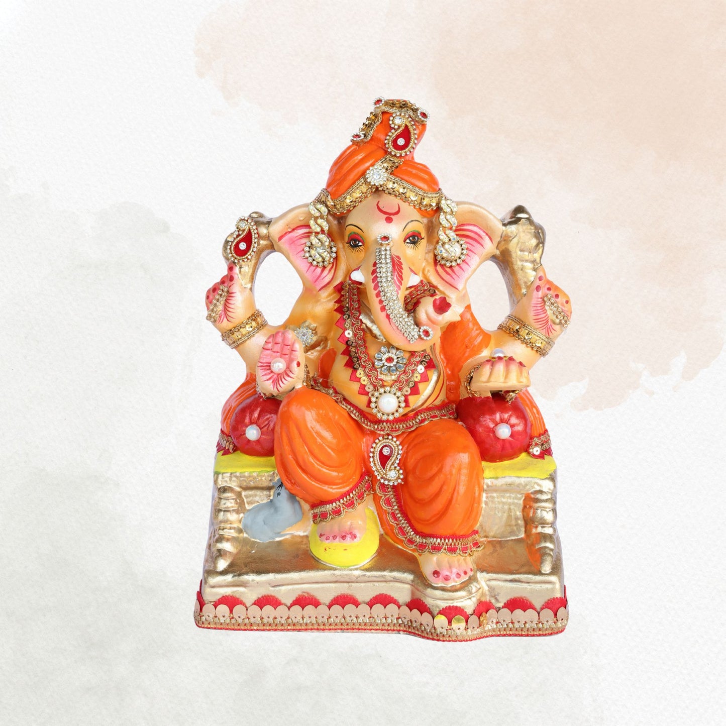 13 Inch – Regal Seated Ganesha Idol in Orange Attire – Shadu Mitti Clay Murti with Red Pagdi & Stone Work