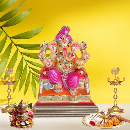 13 Inch – Pink Attire & Kundan Work Ganesha Idol | Eco-Friendly Clay Murti Sitting on Throne