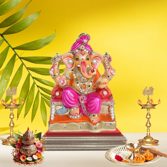 13 Inch – Pink Attire & Kundan Work Ganesha Idol | Eco-Friendly Clay Murti Sitting on Throne