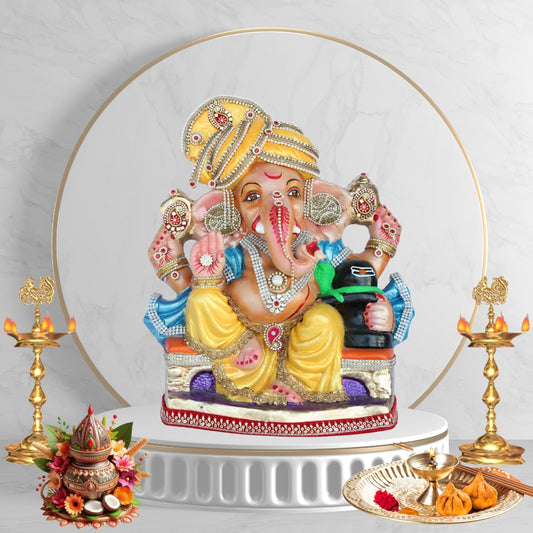 14 Inch – Elegant Ganesha Idol in Yellow Dhoti | Shadu Mitti Murti with Golden Pagdi & Shivling | Eco-Friendly Visarjan Idol