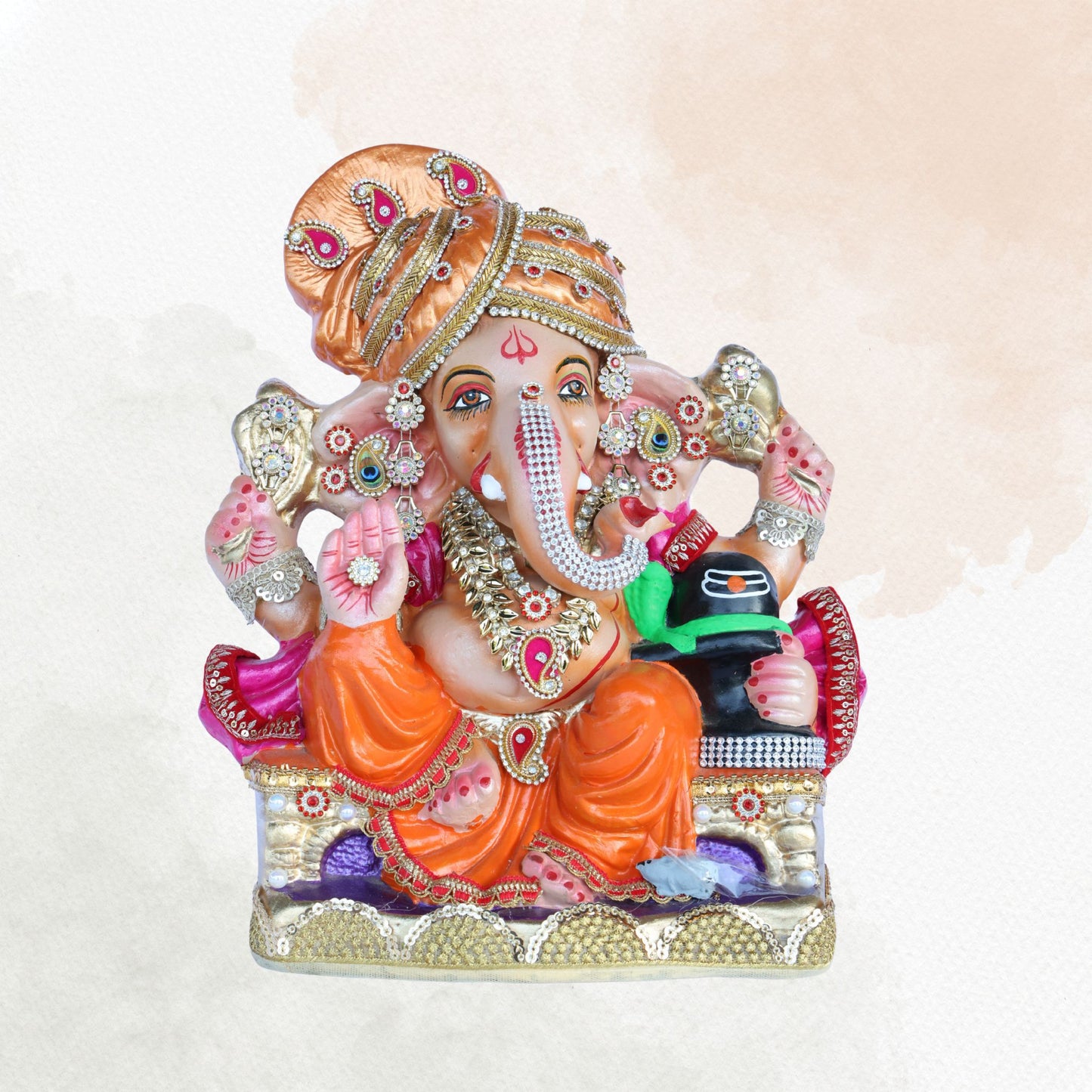 14 Inch – Divine Ganesha Idol in Orange Attire | Shadu Mitti Clay Murti with Gold Pagdi & Shivling | Eco-Friendly & Visarjan-Friendly