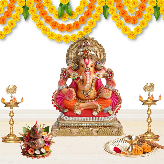 11 Inch – Royal Ganesha Idol in Orange Attire & Pink Shawl | Shadu Mitti Murti with Golden Crown & Beaded Embellishments