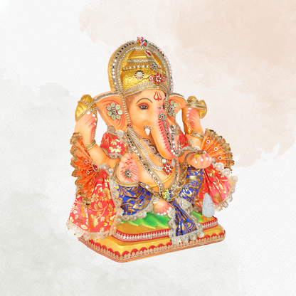 19 Inch – Vibrant Maharaja Ganesha Idol | Eco-Friendly Shadu Mitti Ganpati with Modak & Kalash | Blue & Orange Attire