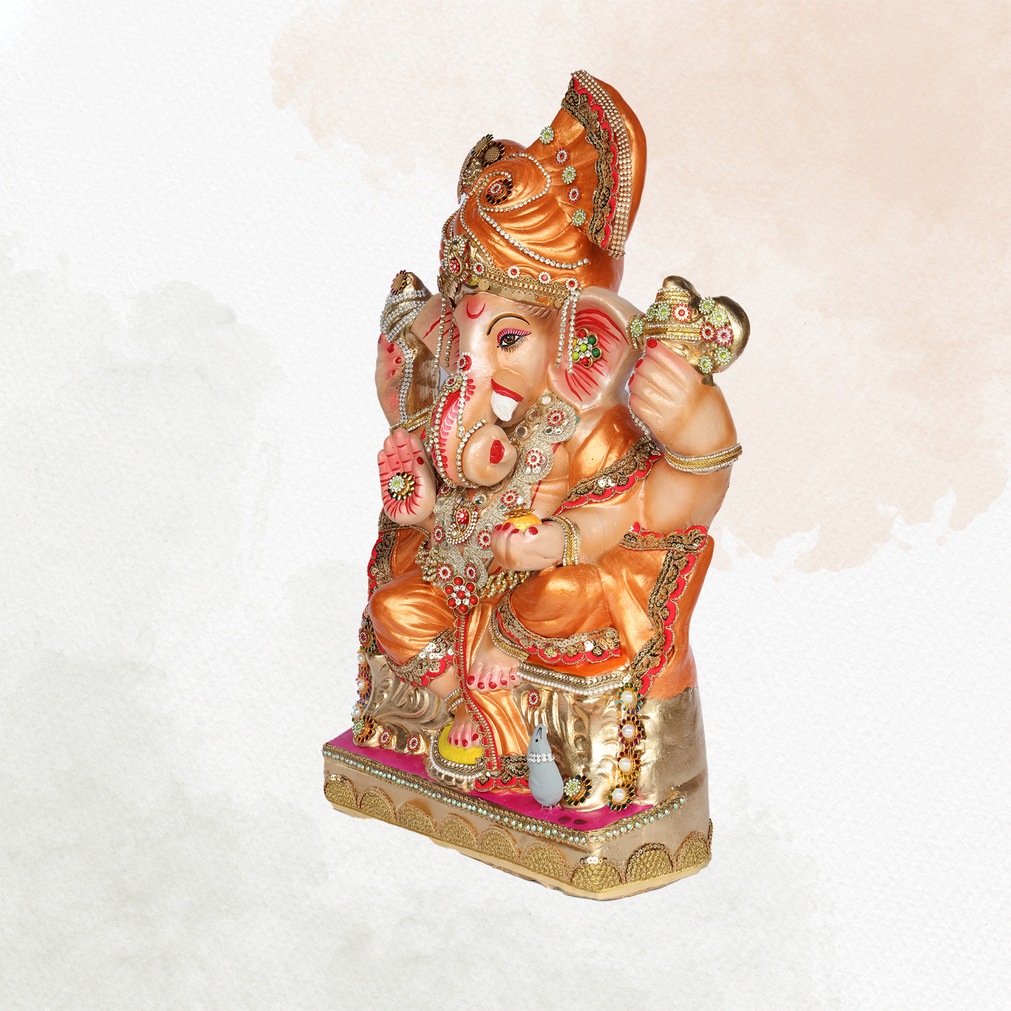 23 Inch –  Copper Orange Ganesha Idol | Eco-Friendly Shadu Murti with Designer Crown & Rectangular Base