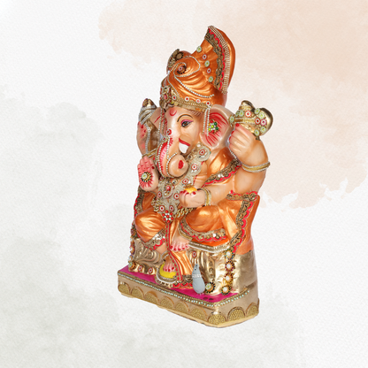 23 Inch –  Copper Orange Ganesha Idol | Eco-Friendly Shadu Murti with Designer Crown & Rectangular Base