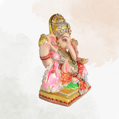 19 Inch – Eco-Friendly Ganesha Idol in Royal Red & Pink Robes | Shadu Mitti Murti with Modak & Crown Design
