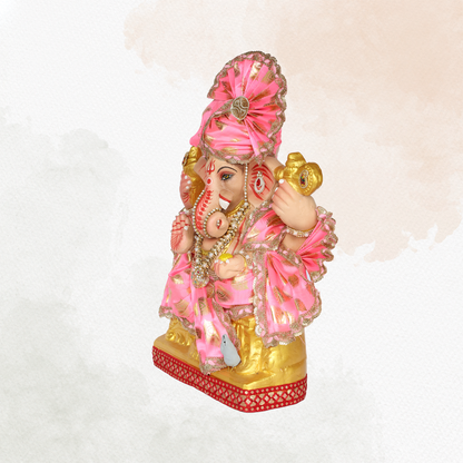23 Inch – Regal Seated Ganesha Idol in Pink & Gold Attire | Shadu Mitti Clay Murti with Fan-Style Pagdi & Designer Pearl Work