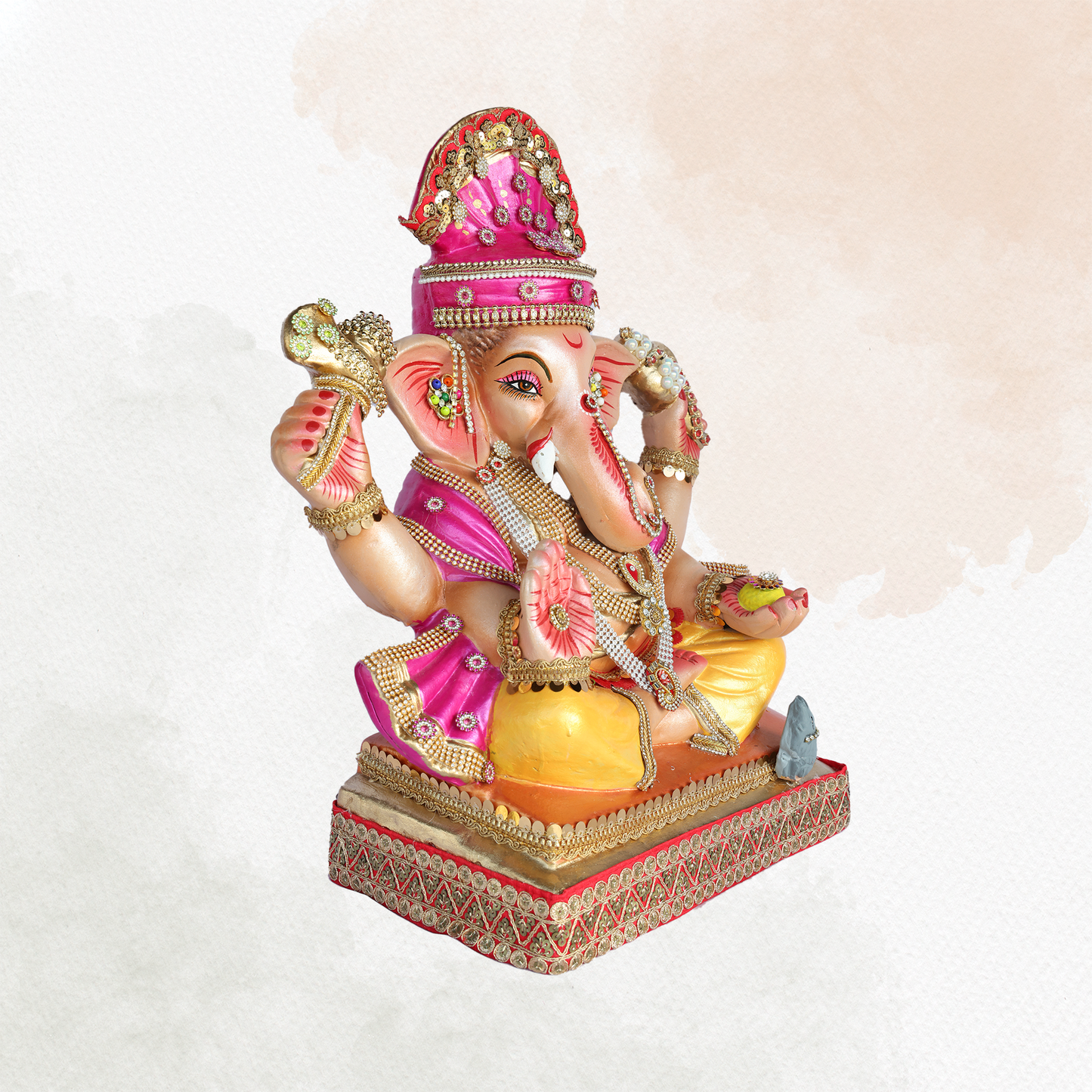 19 Inch – Majestic Seated Ganesha Idol in Yellow-Purple Attire | Shadu Mitti Eco Clay Murti with Crown & Modak Pose