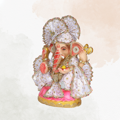 23 Inch – Royal Seated Ganesha Idol in White Attire | Eco-Friendly Shadu Mitti Murti with Designer Pagdi & Beadwork