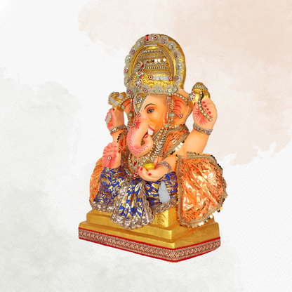 24 Inch – Royal Ganesha Idol in Blue-Gold Floral Attire | Shadu Mitti Murti with Ornate Golden Crown & Eco-Friendly Finish