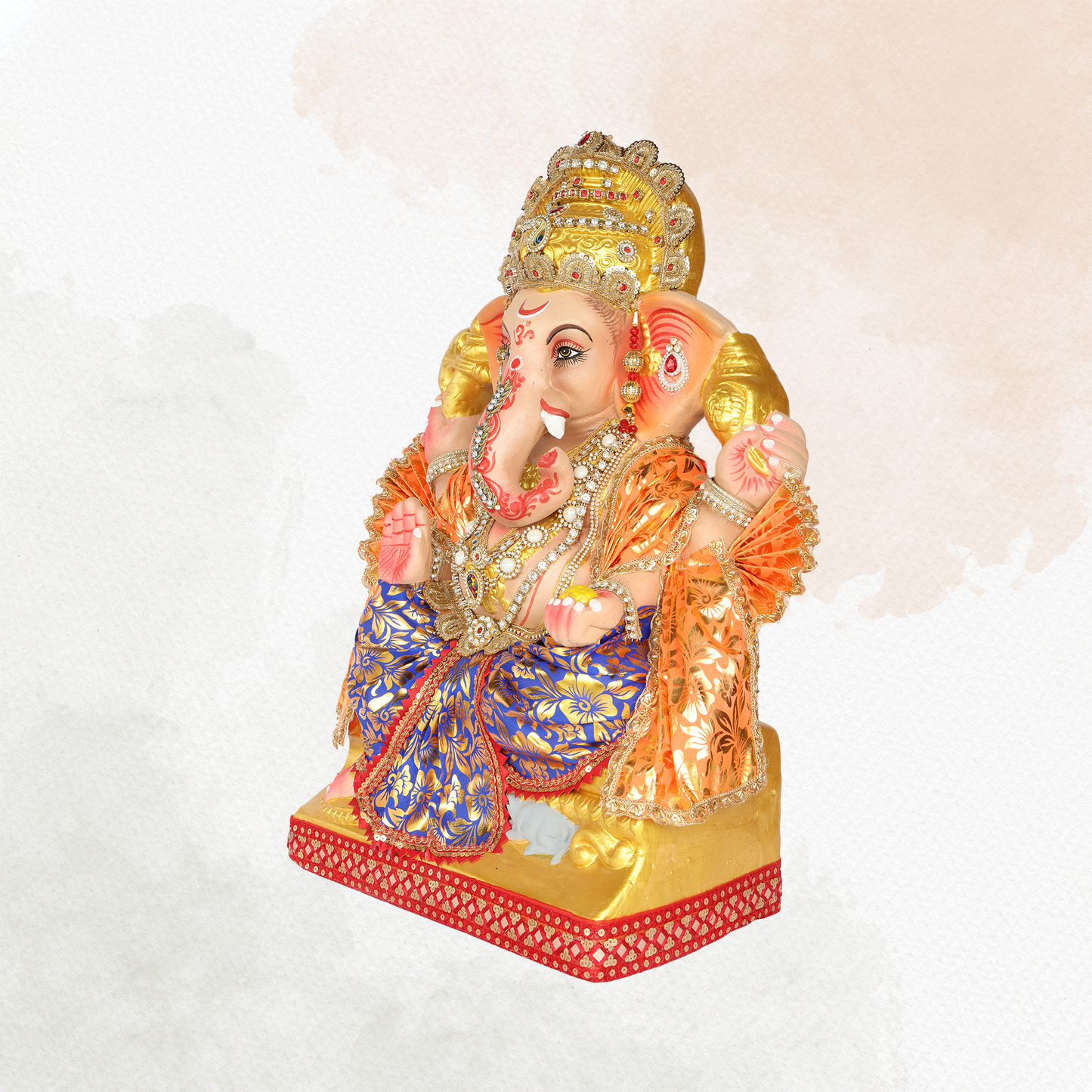 23 Inch – Traditional Seated Ganesha Idol in Royal Blue & Orange Attire | Shadu Mitti Clay Murti with Gold Crown & Bead Work