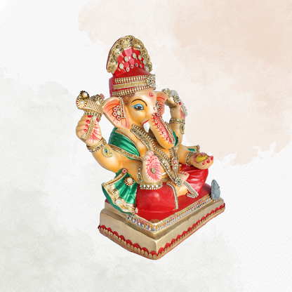 19 Inch – Traditional Seated Ganesha Idol in Red & Green Attire – Shadu Mitti Clay Murti with Red Crown & Stone Embellishments