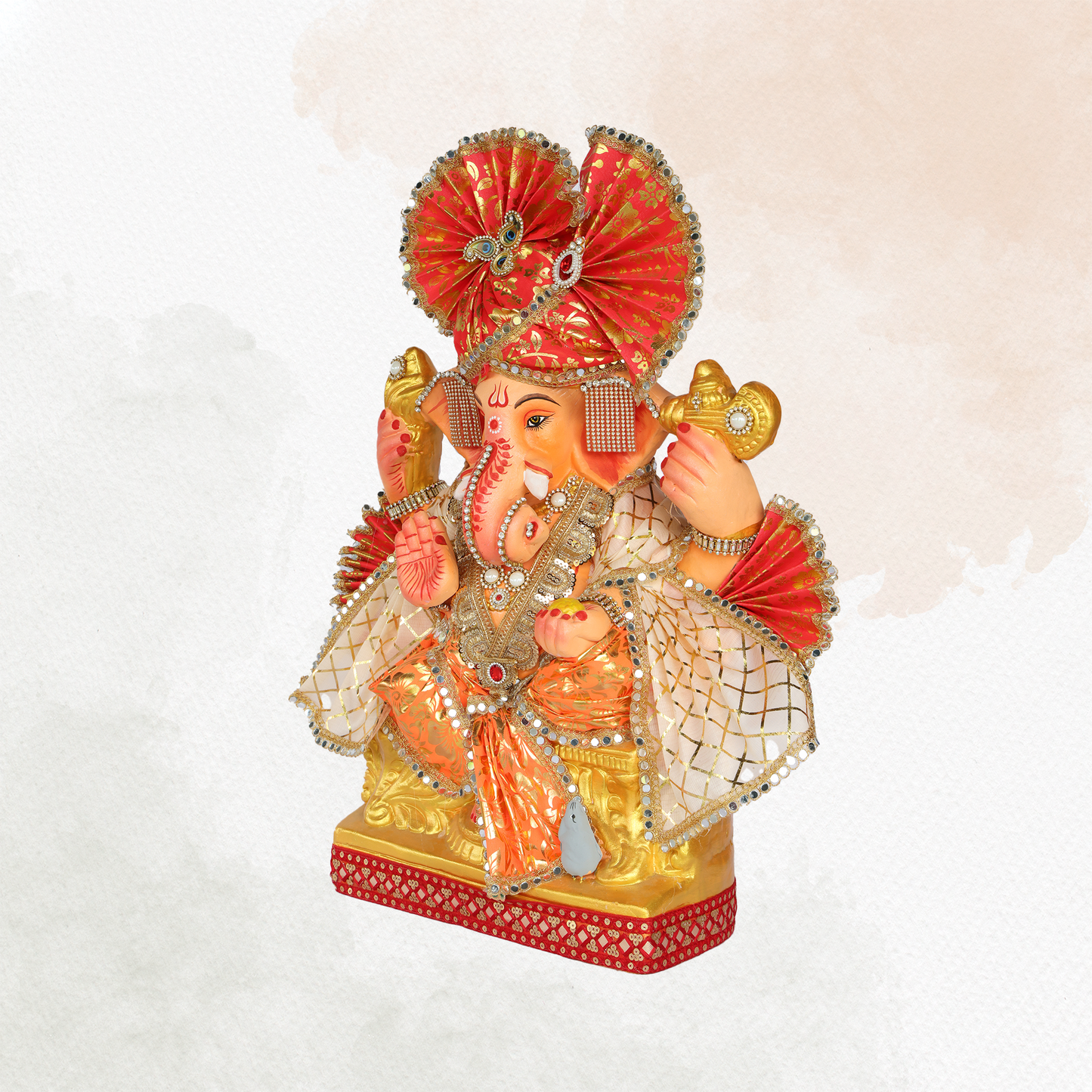 23 Inch – Designer Ganesha Idol in Orange-Cream Attire | Shadu Mitti Murti with Fan Pagdi