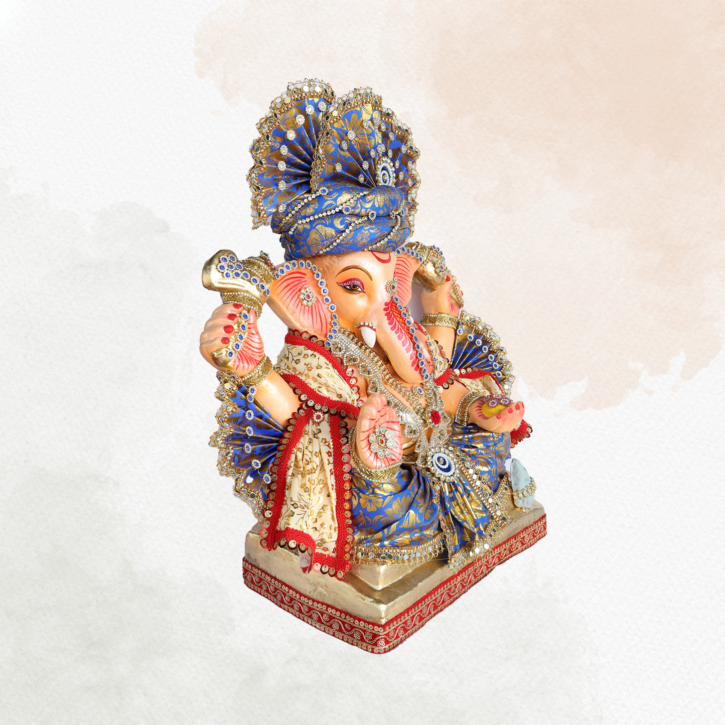 19 Inch – Royal Seated Ganesha Idol in Blue Brocade Attire – Shadu Mitti Clay Murti with Designer Pagdi & Kundan Work