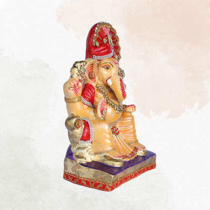 17 Inch – Divine Seated Ganesha Idol in Yellow Dhoti | Eco-Friendly Shadu Mitti Murti with Red Pagdi & Kundan Stone Work