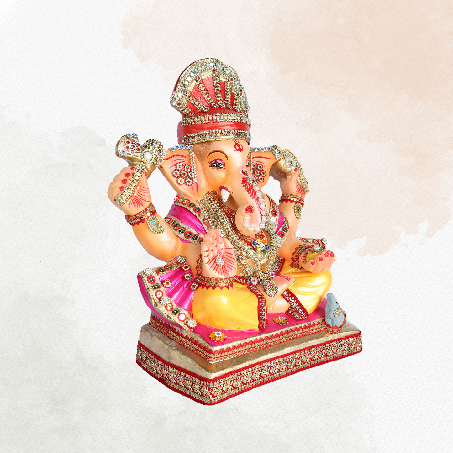 19 Inch – Elegant Seated Ganesha Idol in Yellow Attire –  Shadu Mitti Clay Murti with Red Pagdi & Pearl Stone Work