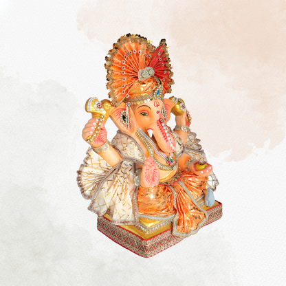 19 Inch – Grand Seated Ganesha Idol in Orange Foil Attire – Shadu Mitti Clay Murti with Designer Fan Mukut & Stone Work