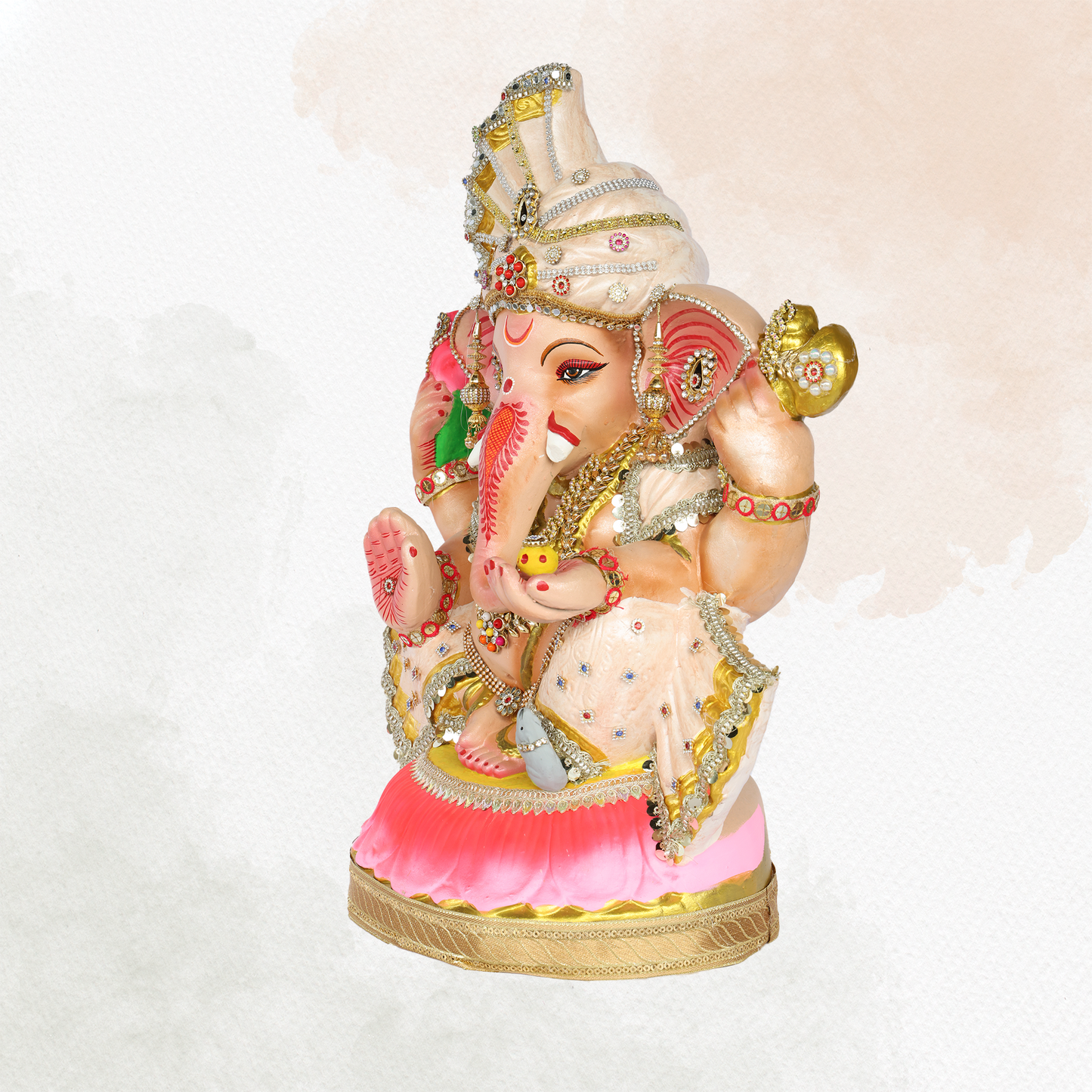 23 Inch – Elegant Seated Ganesha Idol in Cream & Pink Attire | Shadu Mitti Eco-Friendly Murti with Fan-Style Crown & Stone Embellishments