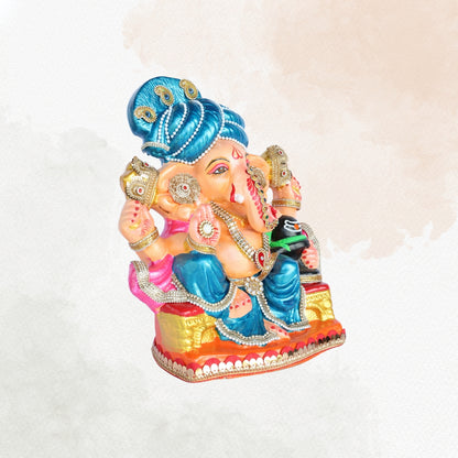 14 Inch – Shiv Putra Ganesha Idol with Blue Pagdi | Shadu Mitti Eco-Friendly Murti with Shivling