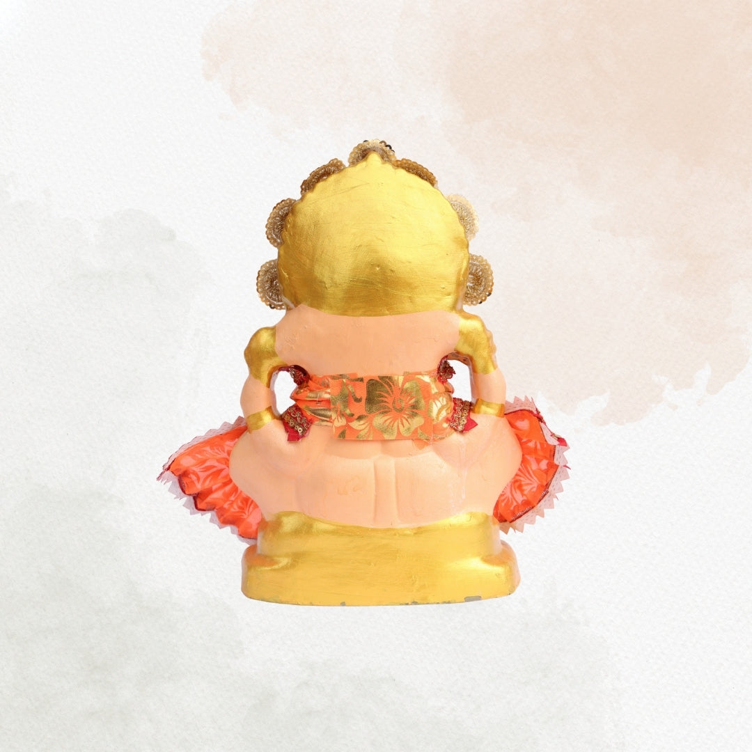 11 Inch – Vibrant Seated Ganesha Idol in Orange & Gold Attire | Eco-Friendly Shadu Mitti Murti with Pearl Crown & Lace Work