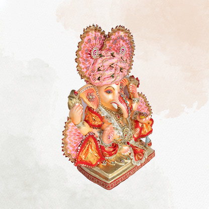 19 Inch – Designer Pink & Red Ganesha Idol | Eco-Friendly Shadu Mitti Murti with Modak and Crown Fan