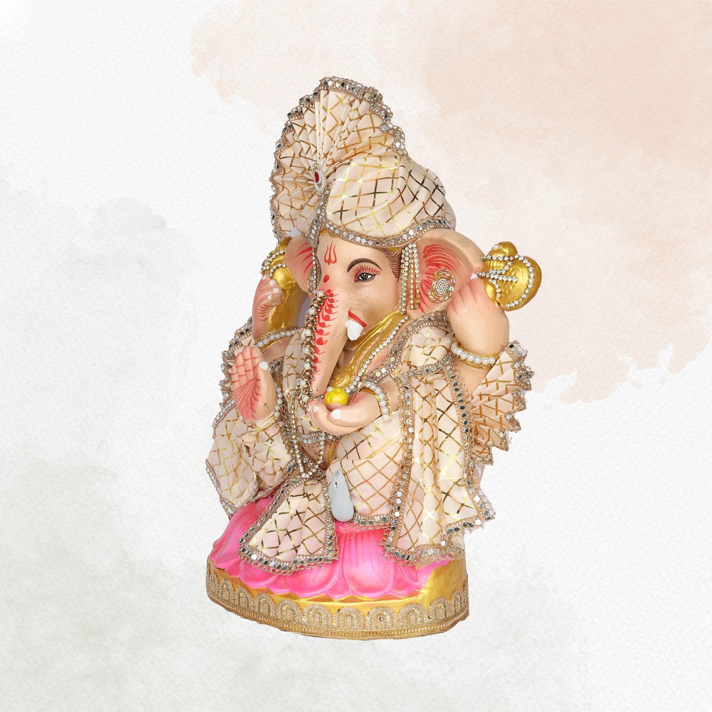 23 Inch – Elegant Seated Ganesha Idol in Cream Gold Attire | Shadu Mitti Clay Murti with Designer Fan-Style Pagdi & Pearl Stone Embellishments
