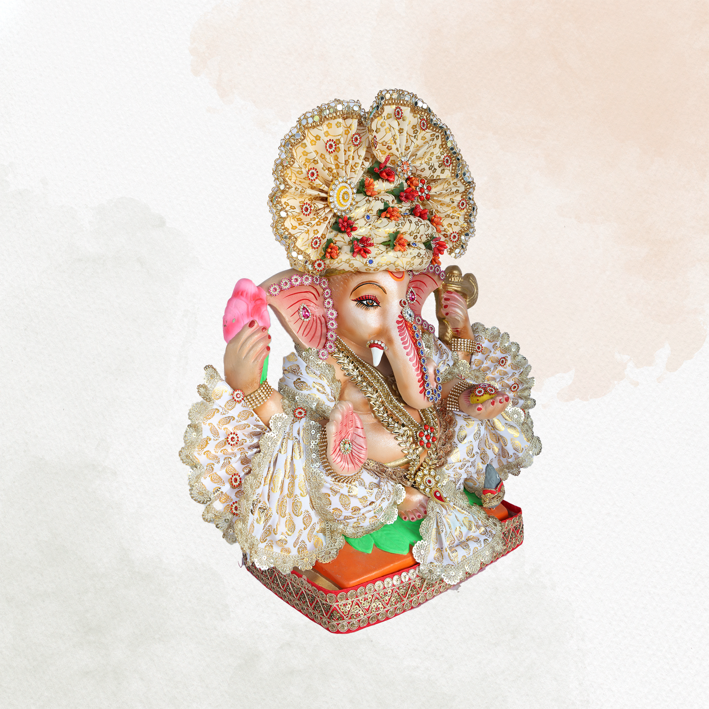 19 Inch – Royal White Attire Ganesha Idol with Floral Crown | Shadu Mitti Eco-Friendly Murti Holding Lotus & Laddoo
